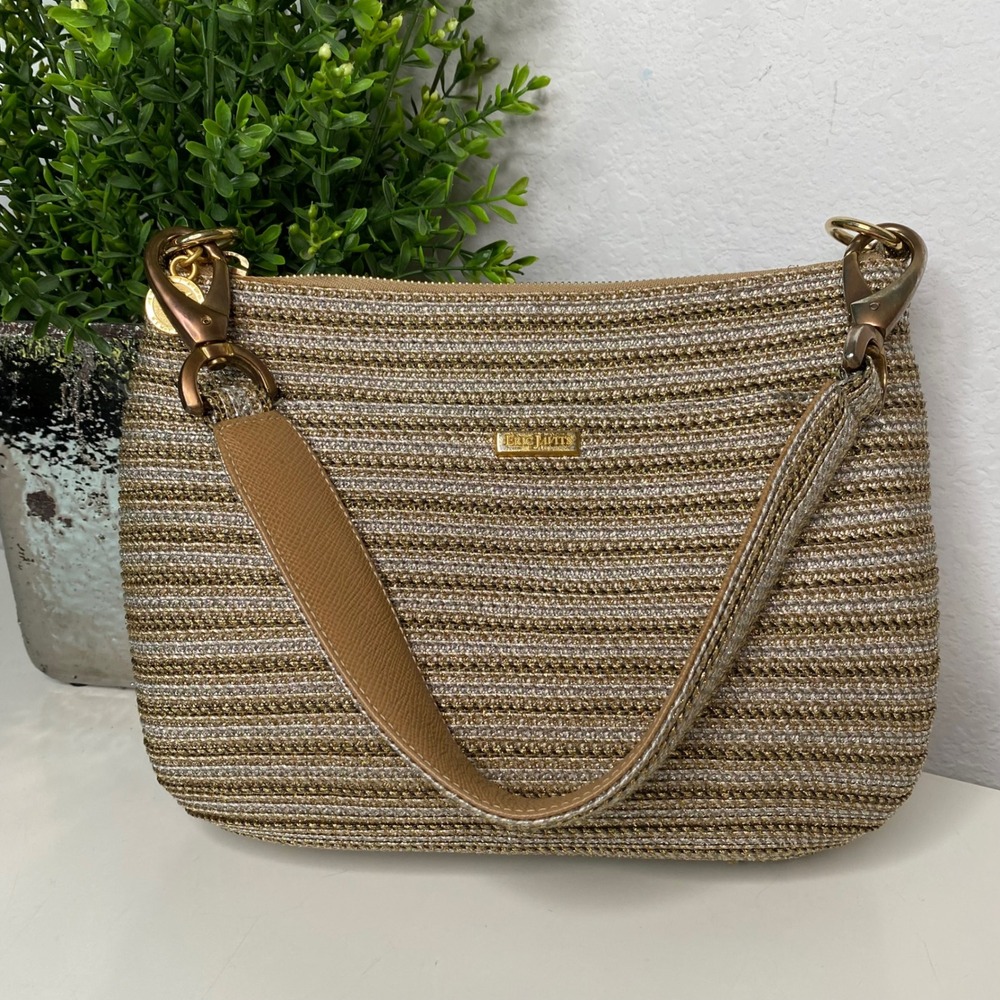 Eric Javits Squishee Metallic Gold Silver Striped Woven Shoulder Bag Handbag